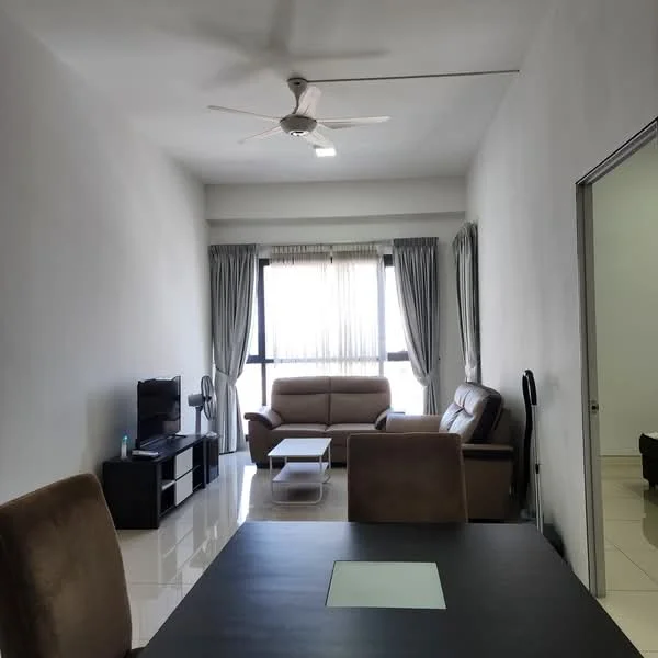 Living features: 3-seater fabric sofa in beige, 2-seater fabric sofa in beige, coffee table, TV console, wall-mounted TV, floor-to-ceiling windows, sheer curtains, ceiling fan, polished tile flooring, light grey painted walls, decorative wall mirror; style: modern; view: city.