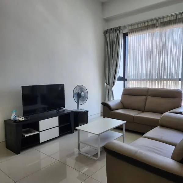 Living features: 3-seater leather sofa in beige, 2-seater leather sofa in beige, coffee table with white top, TV console with black and white finish, wall-mounted TV, floor-to-ceiling windows, sheer curtains, ceiling fan, glossy tile flooring, neutral painted walls; style: modern.
