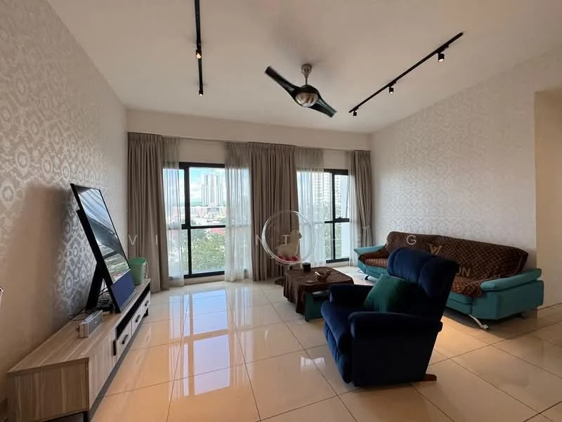 Living features: 3-seater fabric sofa in teal, 2-seater fabric sofa in brown, coffee table, TV console, wall-mounted TV, floor-to-ceiling windows, sheer curtains, recessed LED downlights, 5-blade ceiling fan with light, decorative wall with patterned wallpaper, glossy tile flooring; style: modern; view: city.