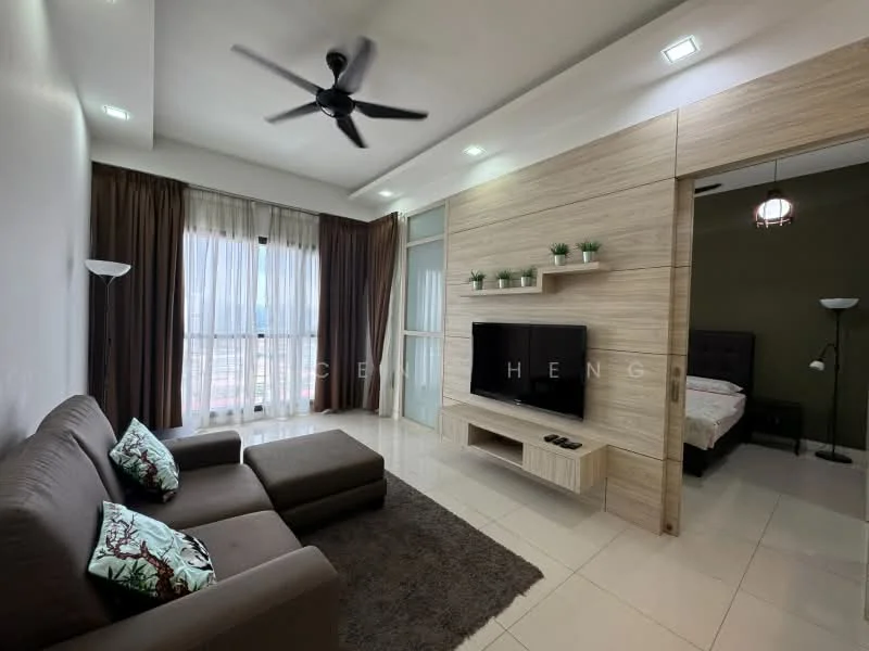 Living features: 3-seater fabric sofa in brown, decorative cushions with floral pattern, area rug in dark brown, wall-mounted TV, TV console in light wood, floor-to-ceiling windows with sheer curtains, sliding glass door, ceiling fan with 3 blades, recessed downlights, wood feature wall, green accent wall, laminate flooring in light color; style: modern; view: city.