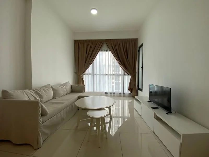 Living features: beige fabric sofa, round coffee table, white TV console, wall-mounted TV, floor-to-ceiling windows, sheer curtains, brown drapes, glossy tile flooring, recessed ceiling light; style: modern; view: city.