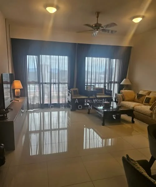 Living features: 3-seater fabric sofa in beige, 2-seater fabric sofa in cream, coffee table, TV console, wall-mounted TV, area rug, ceiling fan, floor-to-ceiling windows with sheer curtains, laminate flooring, decorative lamp, side table with lamp, decorative pillows; style: modern; view: city.