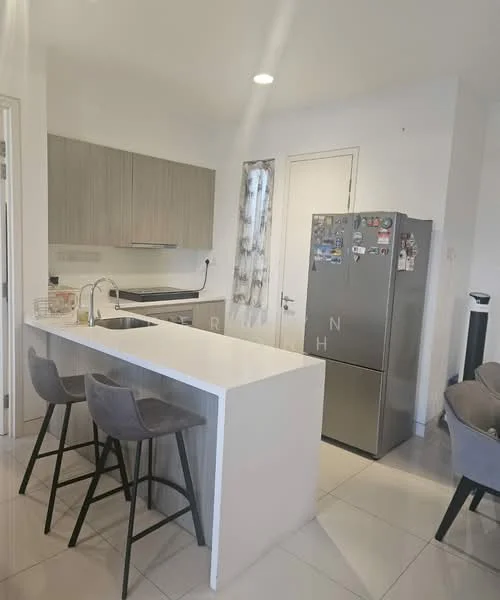 Kitchen features: white quartz countertop, stainless-steel sink, chrome pull-down faucet, grey flat-panel cabinets, built-in oven, freestanding stainless-steel fridge, bar stools, tile flooring, recessed downlights, window with sheer curtains; style: modern.
