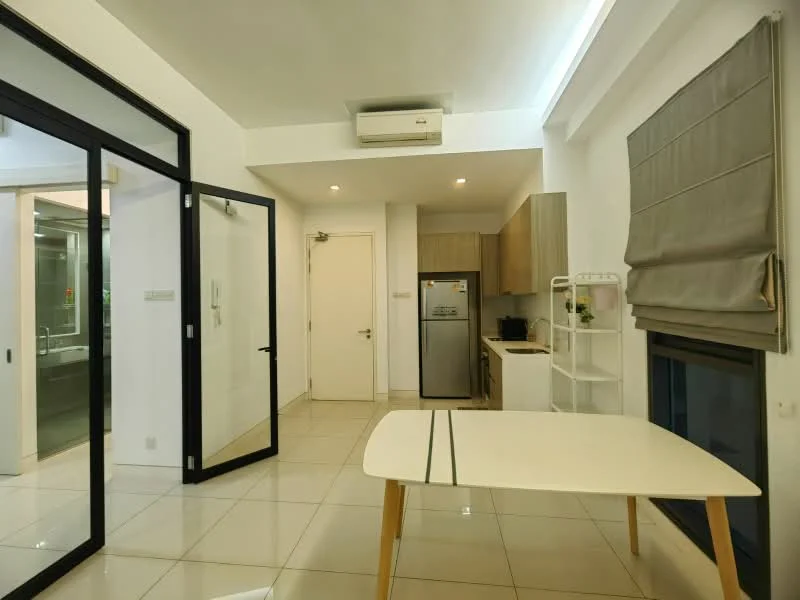 Room features: white painted walls, glossy tile flooring, recessed downlights, floor-to-ceiling windows, grey roller blinds, built-in cabinetry, stainless-steel fridge, white dining table with wooden legs, air conditioning unit, glass door, open layout; style: modern.