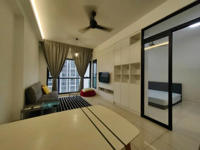 Living features: grey fabric sofa, black and white striped area rug, wall-mounted TV, white built-in shelving unit, ceiling fan, large windows with city view, curtains, pendant light, dining table with white surface, red bean bag; style: modern; view: city. Room features: queen-size bed, white bedding, grey upholstered headboard, sliding glass door.