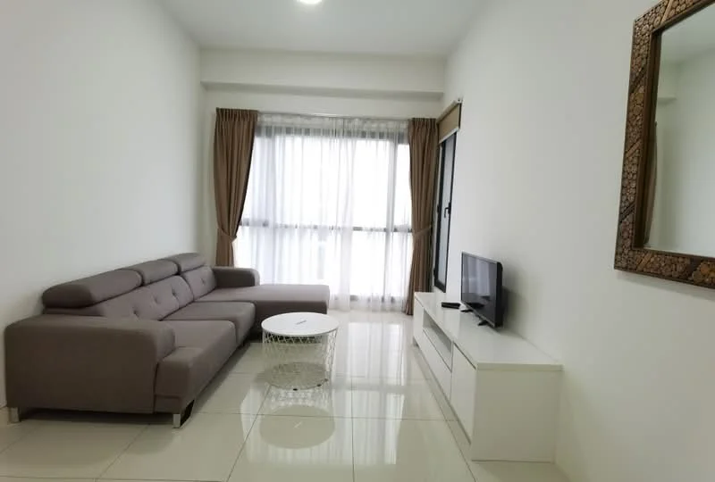 Living features: grey fabric 3-seater sofa, white round coffee table, white TV console, wall-mounted TV, floor-to-ceiling windows, sheer curtains, brown curtain drapes, glossy white tile flooring, recessed ceiling lights, decorative mirror on wall; style: modern.