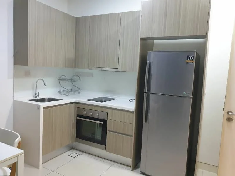 Kitchen features: light wood cabinetry, white countertop, stainless-steel single-bowl sink, chrome pull-down faucet, built-in oven, 4-burner gas hob, stainless-steel fridge, open shelving, tile flooring, wall-mounted dish rack; style: modern.