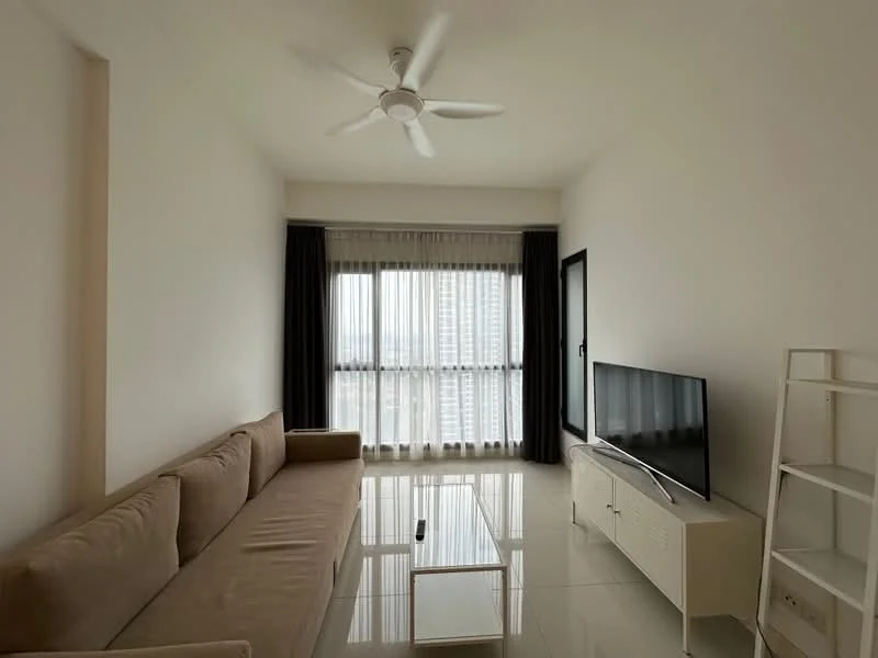 Living features: 3-seater fabric sofa in beige, coffee table, wall-mounted TV, TV console in white, floor-to-ceiling windows, sheer curtains, blackout curtains, ceiling fan, glossy tile flooring, neutral painted walls, decorative shelving unit; style: modern; view: city.