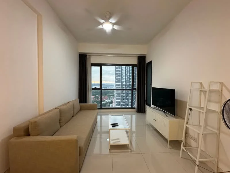 Living features: beige fabric sofa, white coffee table, TV console, wall-mounted TV, floor-to-ceiling windows, grey curtains, recessed downlights, ceiling fan, glossy tile flooring, white painted walls; style: modern; view: city.