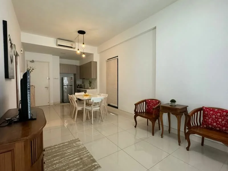 Living features: white painted walls, glossy ceramic tile flooring, recessed downlights, wall-mounted TV, wooden TV console, 2-seater wooden chairs with red cushions, decorative table, air conditioning unit, large window with blinds, area rug with geometric pattern; style: modern. Dining features: 4-seater dining table, white dining chairs, wooden dining table, decorative centerpiece, open layout to living area; style: modern. Kitchen features: stainless-steel fridge, wood cabinetry, countertop with space for appliances, open layout to dining area; style: modern.