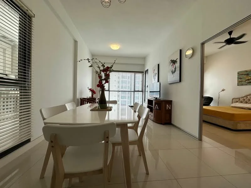 Dining features: white dining table, 4 white chairs, vase with flowers, large window with blinds, light-colored tiled flooring, ceiling light fixture, decorative wall art, wooden sideboard, neutral wall color; style: modern. Living features: queen-size bed, upholstered headboard, nightstand, wall-mounted artwork, light-colored flooring, ceiling fan, large window with blinds; style: modern.