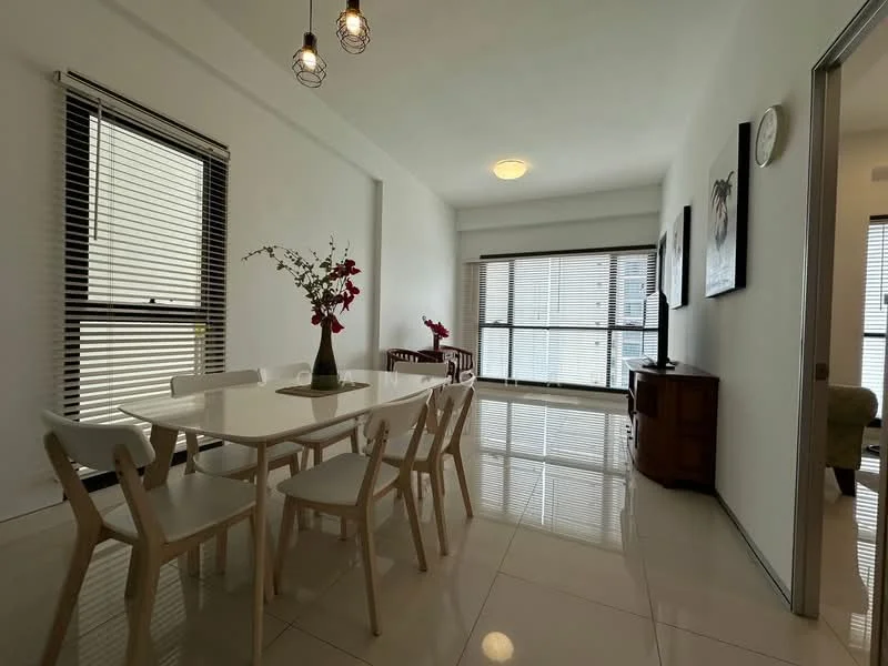 Dining features: white dining table, 6 white dining chairs, decorative vase with flowers, large windows with blinds, light-colored sideboard, framed artwork on walls, polished tile flooring, ceiling light fixture with bulbs; style: modern.