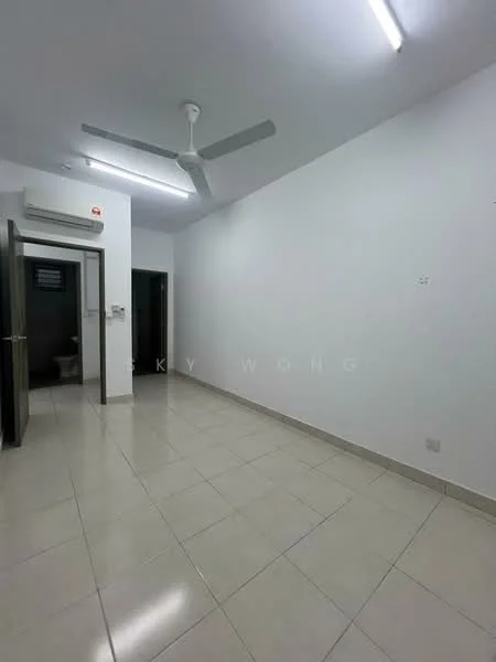 Room features: white painted walls, glossy ceramic tile flooring, ceiling fan, 1 wall-mounted split AC, LED ceiling lights, door leading to bathroom, door leading to another room; style: modern.