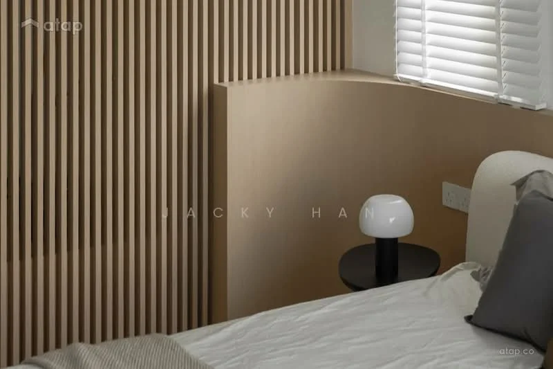 Bedroom features: wood panel accent wall, white walls, bedside table, table lamp with round shade, window with blinds, bed with light-colored bedding, neutral-colored throw blanket; style: modern.