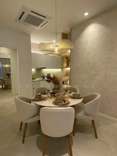 Dining features: round dining table, upholstered dining chairs, decorative centerpiece, table setting with plates and cutlery, pendant light fixture, wall-mounted air conditioning unit, light grey painted walls, neutral tile flooring; style: modern. Kitchen features: kitchen cabinetry, stainless-steel appliances, countertop, backlit mirror, open layout; style: modern.
