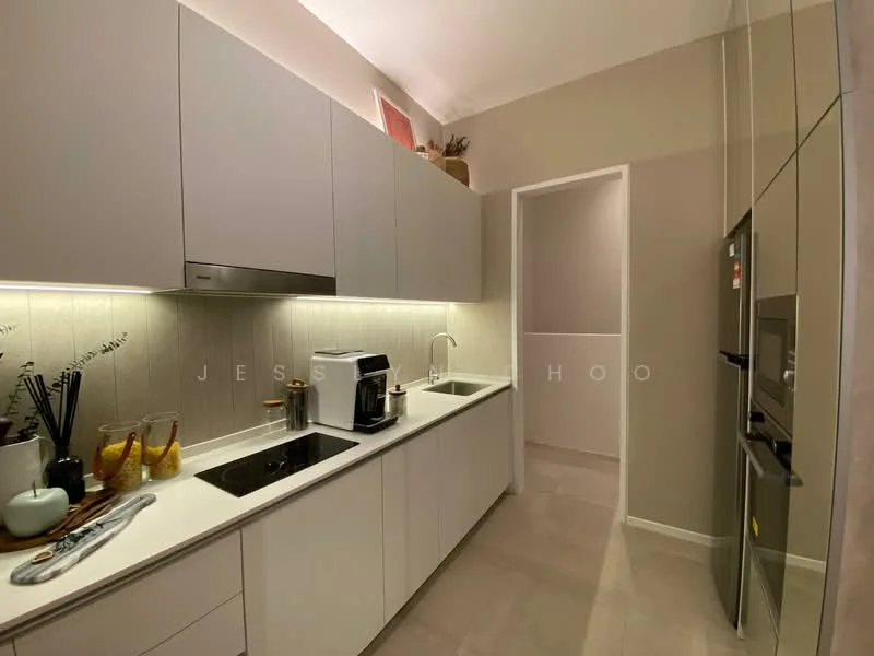 Kitchen features: white cabinetry, grey countertop, built-in oven, stainless-steel fridge, single-bowl stainless-steel sink, chrome pull-down faucet, ceramic tile flooring, recessed LED downlights, decorative plants, kitchen utensils, glass jars, wall-mounted cabinets; style: modern.