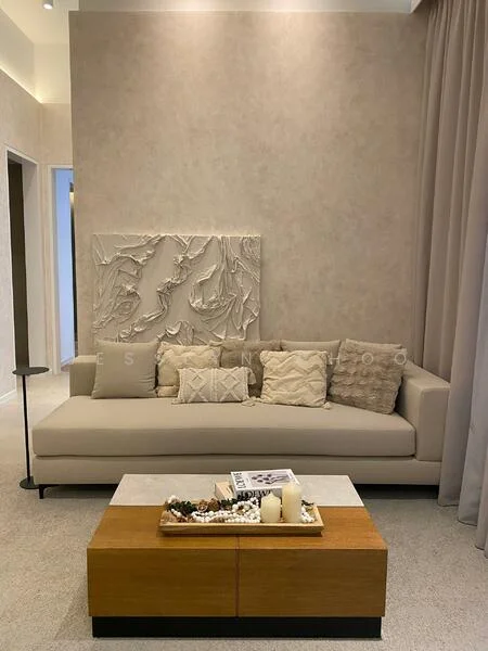 Living features: beige fabric sofa, decorative cushions, wood coffee table, decorative tray with candles, textured wall art, light grey wall, carpet flooring, floor lamp, curtains, recessed lighting; style: modern.