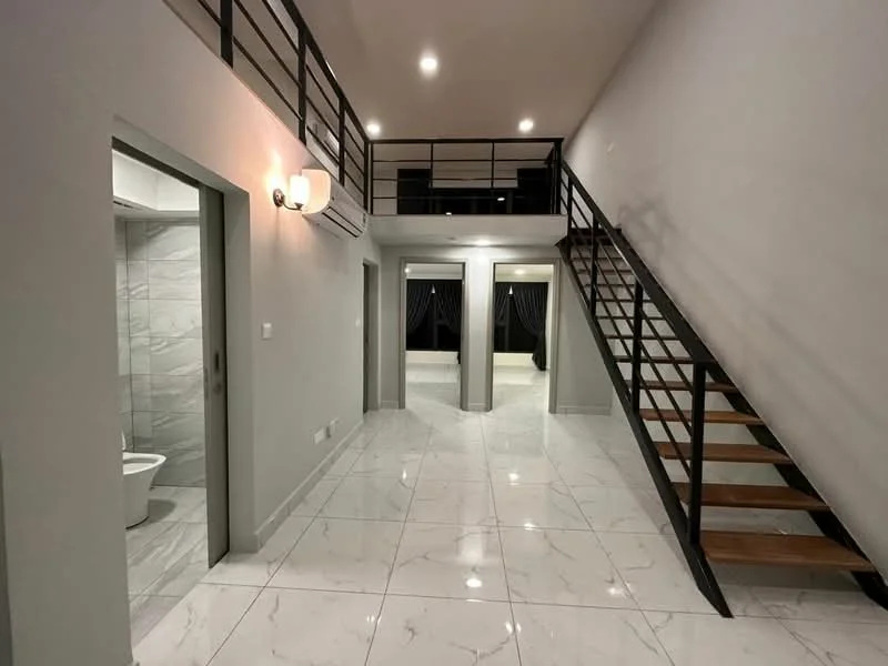Room features: marble tile flooring, grey painted walls, black metal railing on staircase, recessed downlights, open staircase with wooden steps, doorway leading to bathroom, doorways leading to other rooms, large windows with dark curtains; style: modern.