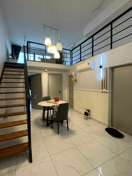 Room features: marble tile flooring, white walls, staircase with wooden steps, metal railing, 5-blade ceiling fan with light, dining table for four, upholstered dining chairs, wall-mounted air conditioning unit, recessed lighting, open space with high ceiling; style: modern.