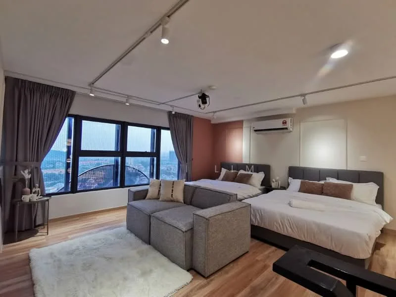 Room features: 2 queen-size beds with upholstered headboards, grey fabric sectional sofa, area rug in white, floor-to-ceiling windows, curtains in grey, wall-mounted split AC unit, recessed ceiling lights, wooden flooring, decorative side table, wall-mounted artwork, neutral wall colour, TV console, open shelving; style: modern; view: city.