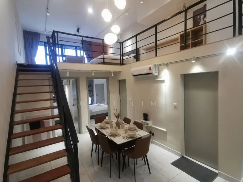 Dining features: dining table for 6, brown upholstered dining chairs, white ceramic plates on the table, cutlery on the table, light grey walls, recessed downlights, air conditioning unit on the wall, floor tiles, open-plan layout; style: modern. Living features: sofa visible on the upper level, wooden staircase, glass railing, pendant lighting, large windows for natural light; style: modern. Room features: white walls, light grey flooring, interior doors.