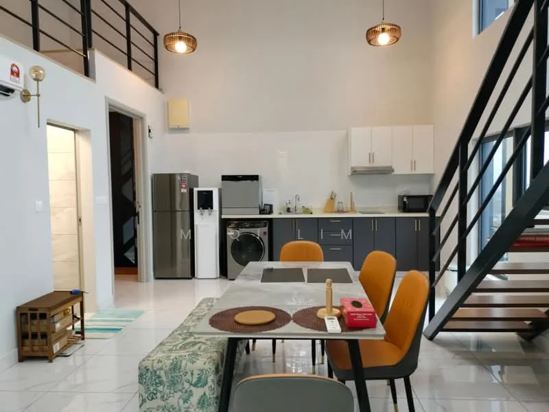 Dining features: 6-seater dining table, orange upholstered dining chairs, grey marble tabletop, pendant lighting above table, white walls, white cabinetry, stainless-steel fridge, built-in microwave, front-load washing machine, black countertop, open shelving, floor-to-ceiling windows, sliding glass door, tile flooring; style: modern. Kitchen features: grey cabinetry, black countertop, stainless-steel fridge, built-in microwave, front-load washing machine; style: modern.