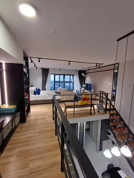 Living features: wooden flooring, floor-to-ceiling windows, sofa in cream, coffee table, TV console, wall-mounted TV, decorative wall shelving, recessed lighting, curtains, open layout to upper level; style: modern; view: city. Room features: staircase with wooden steps, metal railing, hanging pendant lights, open space to upper level.