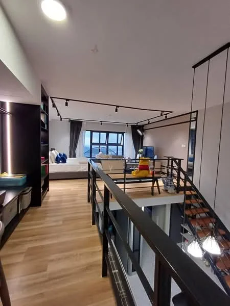 Room features: wooden flooring, large windows with city view, recessed downlights, track lighting, open layout, balcony railing, decorative shelving, sofa, bed, curtains, staircase with metal railing; style: modern; view: city.