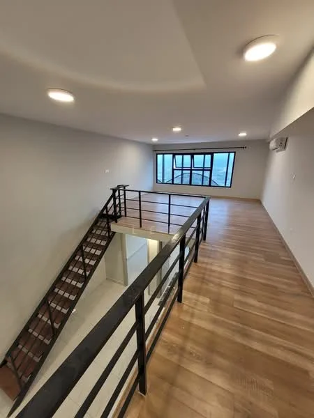 Room features: wooden flooring, white painted walls, recessed LED downlights, large windows, metal railing, open space layout, air conditioning unit, staircase; style: modern; view: city.