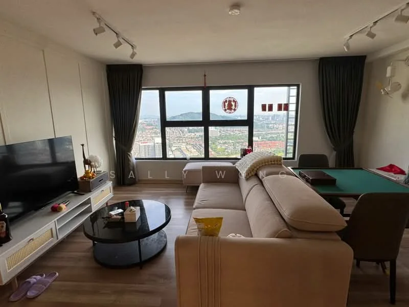 Living features: large floor-to-ceiling windows with city view, light grey painted walls, wooden flooring, L-shape sectional sofa in beige, black coffee table, TV console with wall-mounted TV, green pool table, decorative wall art, curtains in dark green, recessed downlights, ceiling-mounted lighting, area rug; style: modern; view: city.