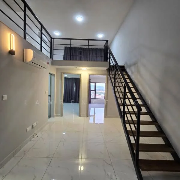 Room features: white painted walls, marble tile flooring, exposed staircase with wooden steps, black metal railing, recessed downlights, wall-mounted air conditioning unit, large windows with city view, open layout, high ceiling; style: modern; view: city.