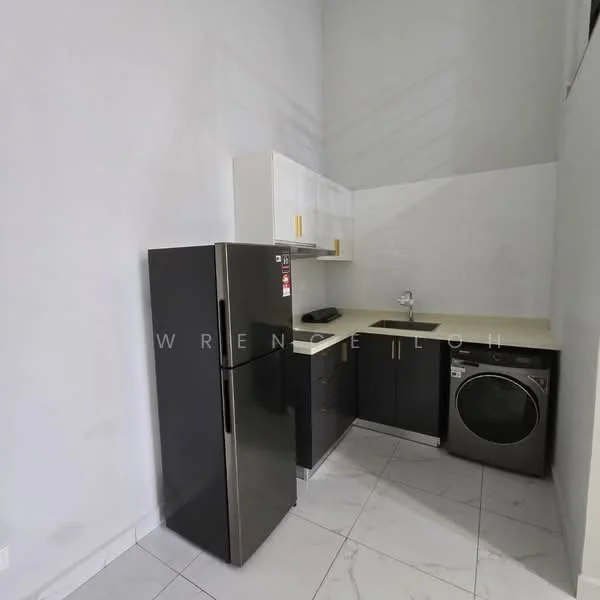 Kitchen features: black stainless-steel fridge, built-in oven, single-bowl stainless-steel sink, chrome pull-down faucet, laminate countertop, white upper cabinets, black lower cabinets, washing machine, ceramic tile flooring, white tiled backsplash, recessed downlights, high ceiling, wall-mounted cabinet; style: modern.
