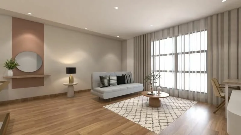 Living features: light wood flooring, white painted walls, accent wall in pink, striped wallpaper, floor-to-ceiling windows, sheer curtains, 3-seater fabric sofa in light grey, decorative round coffee table, area rug with geometric pattern, decorative mirror, table lamp, potted plant, side table, dining table with chairs; style: modern.