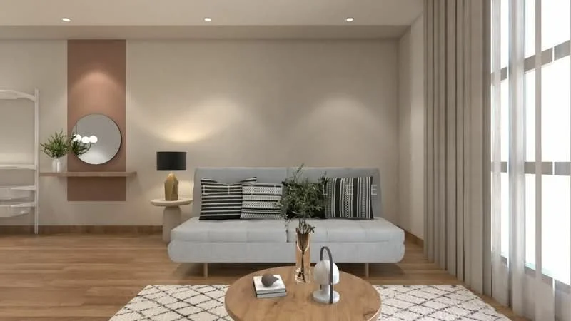 Living features: grey fabric sofa, decorative cushions with geometric patterns, round wooden coffee table, area rug with geometric pattern, wall-mounted mirror, table lamp with black shade, potted plant, wooden flooring, light-colored painted walls, curtains with vertical stripes, recessed downlights; style: modern.
