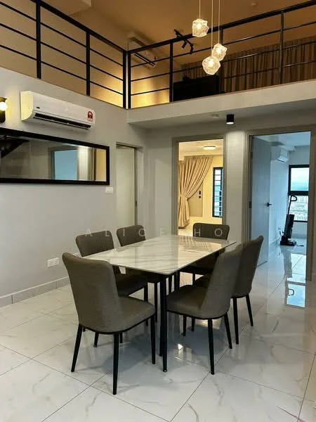 Dining features: 6-seater dining table with marble top, upholstered dining chairs in grey, white walls, recessed downlights, wall-mounted split AC, large mirror on wall, tile flooring, curtains, open layout to living area; style: modern. Room features: white walls, tile flooring, doorway leading to another room.