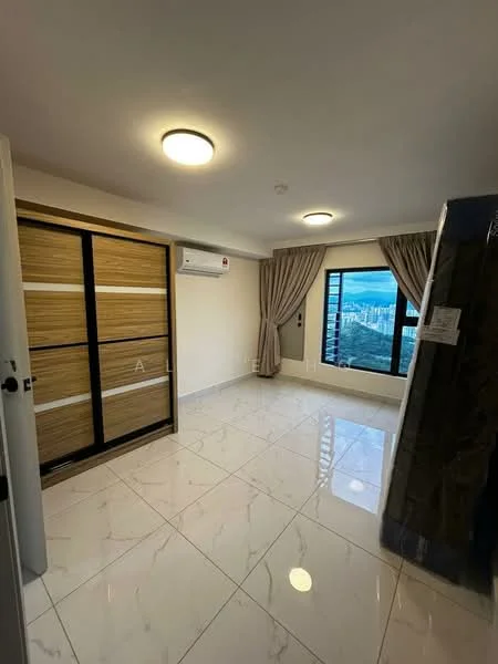 Bedroom features: white painted walls, marble tile flooring, floor-to-ceiling window, curtains, built-in wardrobe with sliding doors, 1 wall-mounted split AC, ceiling light fixture; style: modern; view: city.