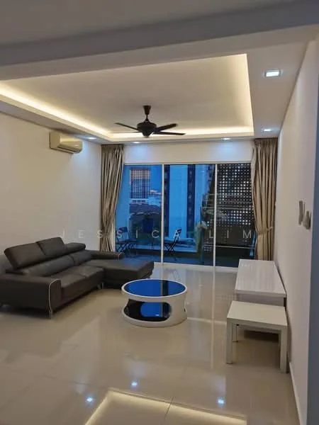 Living features: 3-seater leather sofa in dark grey, coffee table with black top and white base, wall-mounted TV console, floor-to-ceiling sliding glass door, curtains in light beige, recessed LED downlights, 5-blade ceiling fan with light, cream painted walls, glossy tile flooring, air conditioning unit on wall; style: modern; view: city.