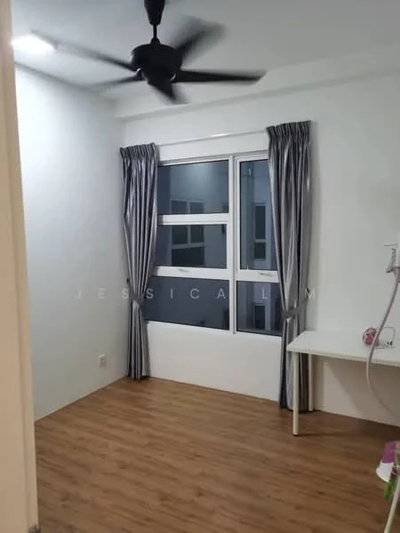 Room features: white painted walls, laminate flooring, 5-blade ceiling fan, floor-to-ceiling windows, grey curtains, study desk, wall-mounted electrical outlet; style: modern.