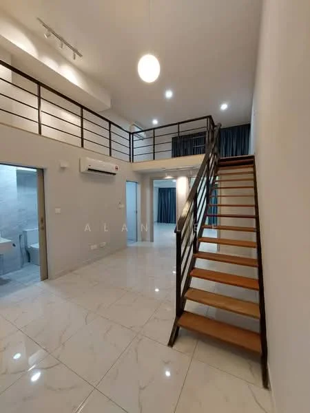 Room features: marble tile flooring, white painted walls, recessed downlights, 1 wall-mounted split AC, wooden staircase, metal railing, open space layout, high ceiling; style: modern.