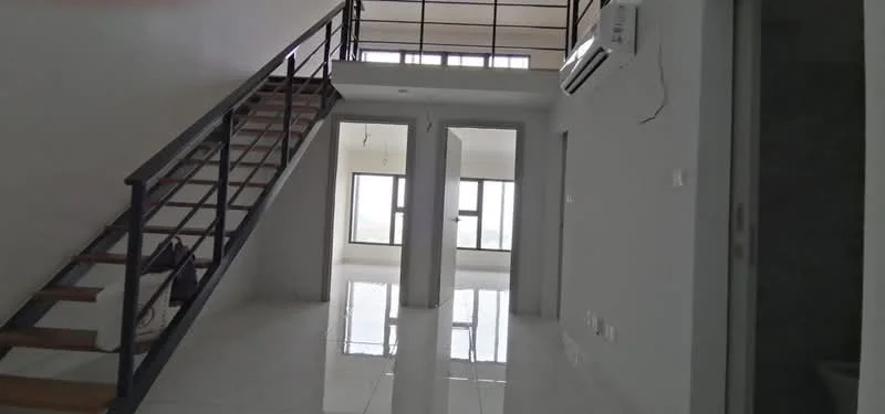Room features: staircase with wooden steps and metal railing, white painted walls, glossy tile flooring, large windows providing natural light, air conditioning unit on the wall, open space layout, high ceiling, neutral color scheme; style: modern; view: city.