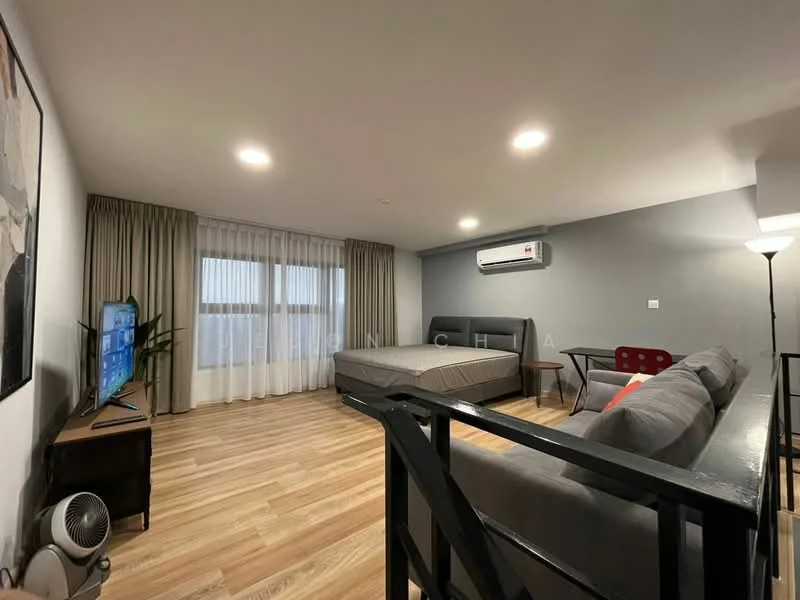 Living features: grey fabric sofa, coffee table, wall-mounted TV, TV console, floor-to-ceiling windows, sheer curtains, laminate flooring, recessed downlights, 1 wall-mounted split AC, decorative wall art, light floor lamp, bed with grey upholstered headboard; style: modern.