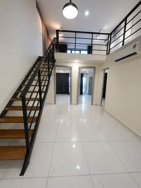 Room features: white painted walls, marble tile flooring, black metal railing, wooden staircase, recessed downlights, wall-mounted split AC, large windows, curtains, open layout; style: modern.