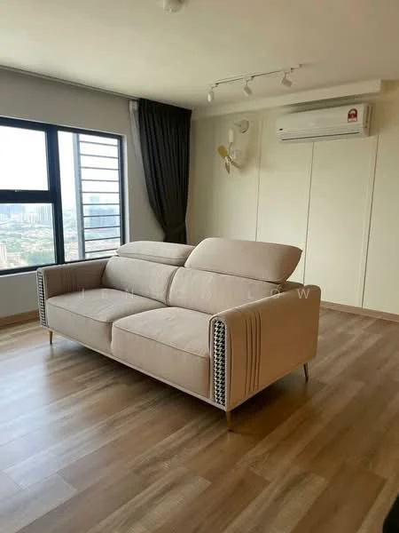 Living features: 3-seater fabric sofa in beige, floor-to-ceiling windows, curtains, wall-mounted split AC, recessed downlights, wooden flooring, neutral painted walls, decorative wall sconce; style: modern; view: city.