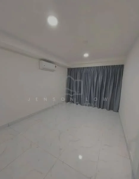 Room features: white painted walls, marble tile flooring, recessed downlights, 1 wall-mounted split AC, grey curtains.