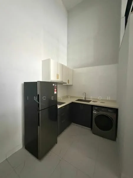 Kitchen features: black fridge, built-in oven, single-bowl stainless-steel sink, chrome pull-down faucet, white upper cabinets, dark lower cabinets, countertop with light-colored surface, washing machine, tile flooring, white painted walls, recessed downlights; style: modern.