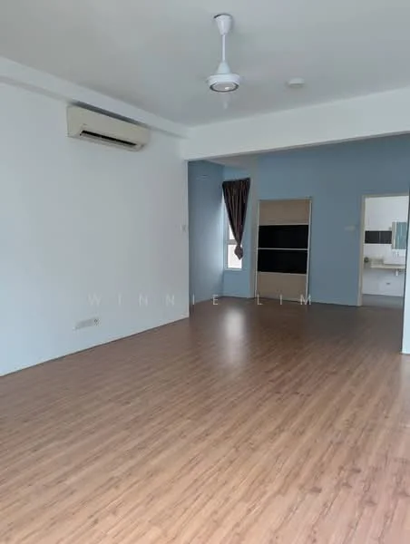 Room features: laminate flooring, white painted walls, ceiling fan, wall-mounted split AC, window with sheer curtains, doorway leading to bathroom, doorway leading to another room, neutral color scheme; style: modern.