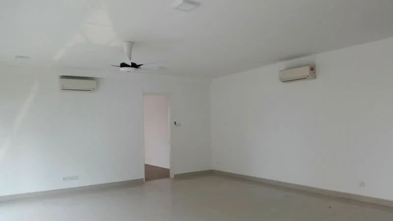 Room features: white painted walls, polished concrete flooring, 2 wall-mounted split ACs, 5-blade ceiling fan, door leading to another room; style: modern.