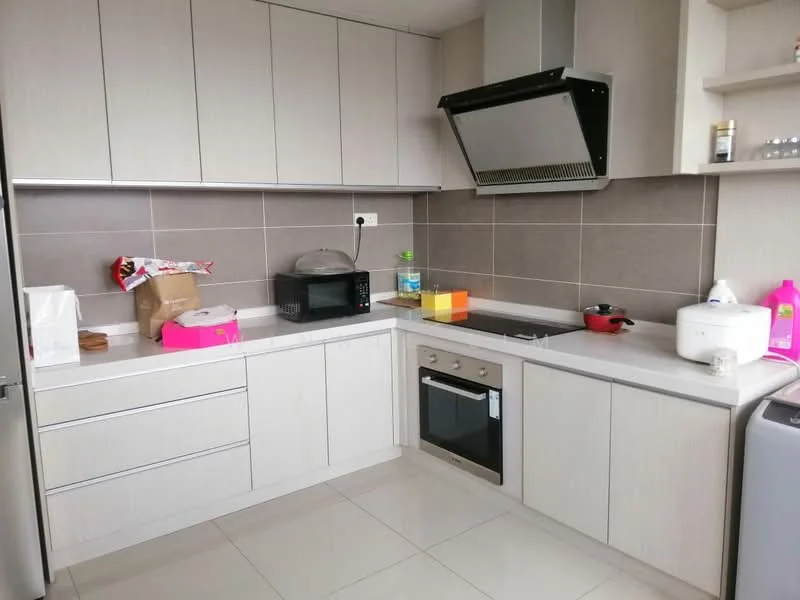 Kitchen features: light wood cabinetry, grey tiled backsplash, white countertop, built-in oven, stainless-steel range hood, 4-burner gas hob, microwave, ceramic tile flooring, sink, kitchen utensils and appliances on countertop; style: modern.