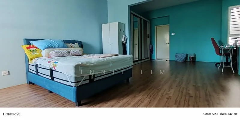 Bedroom features: queen-size bed with blue upholstered frame, bedding with floral pattern, wooden flooring, light blue painted walls, built-in wardrobe with sliding doors, study desk with chair, window with blinds, decorative wall art; style: modern.