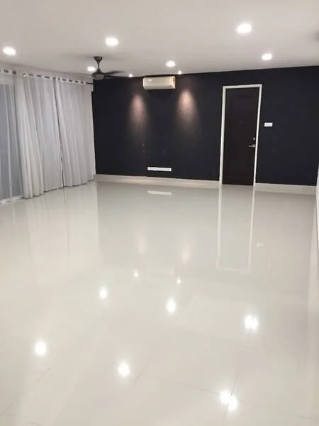 Living features: white painted walls, dark accent wall, polished ceramic tile flooring, recessed LED downlights, 5-blade ceiling fan, wall-mounted split AC, floor-to-ceiling windows with sheer curtains, door leading to another room; style: modern.